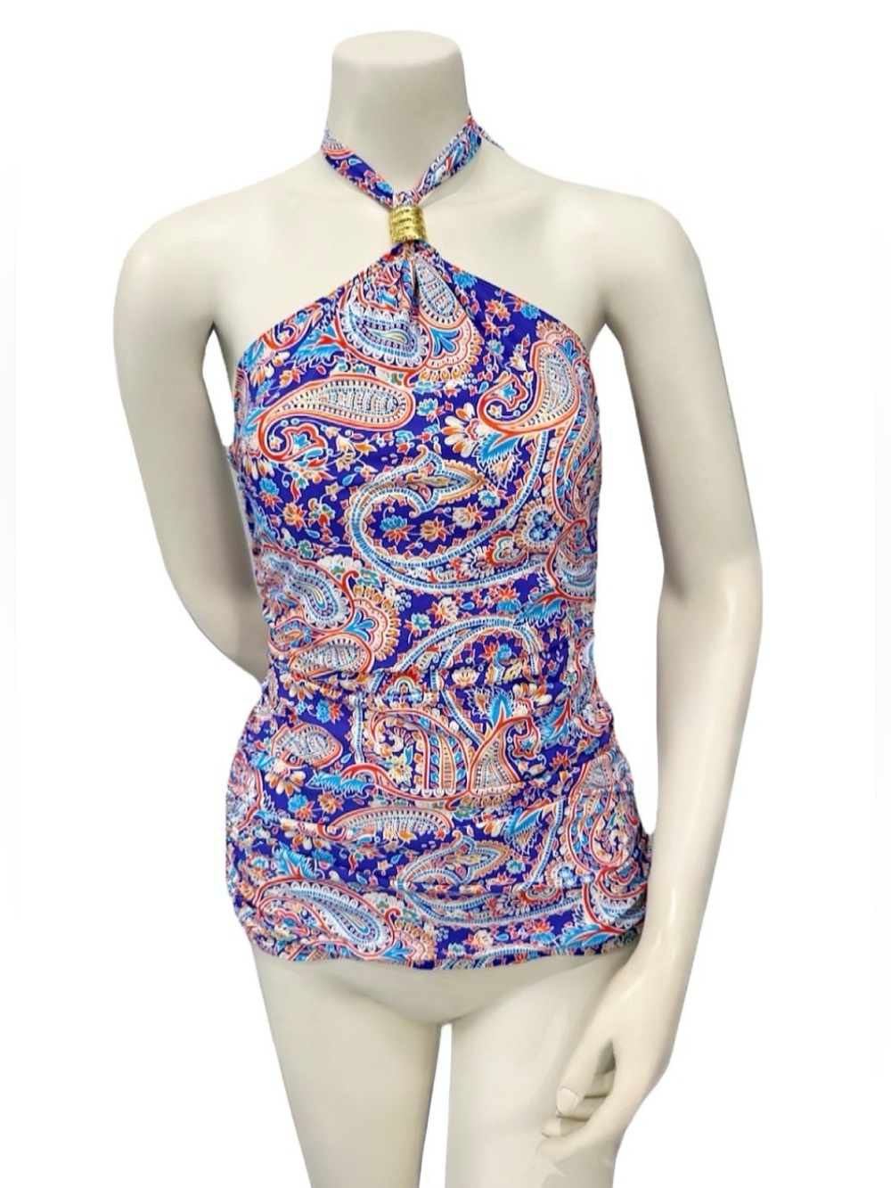 Lauren Ralph Lauren Paisley Halter Tankini Top Size 10 Blue Orange Swimwear